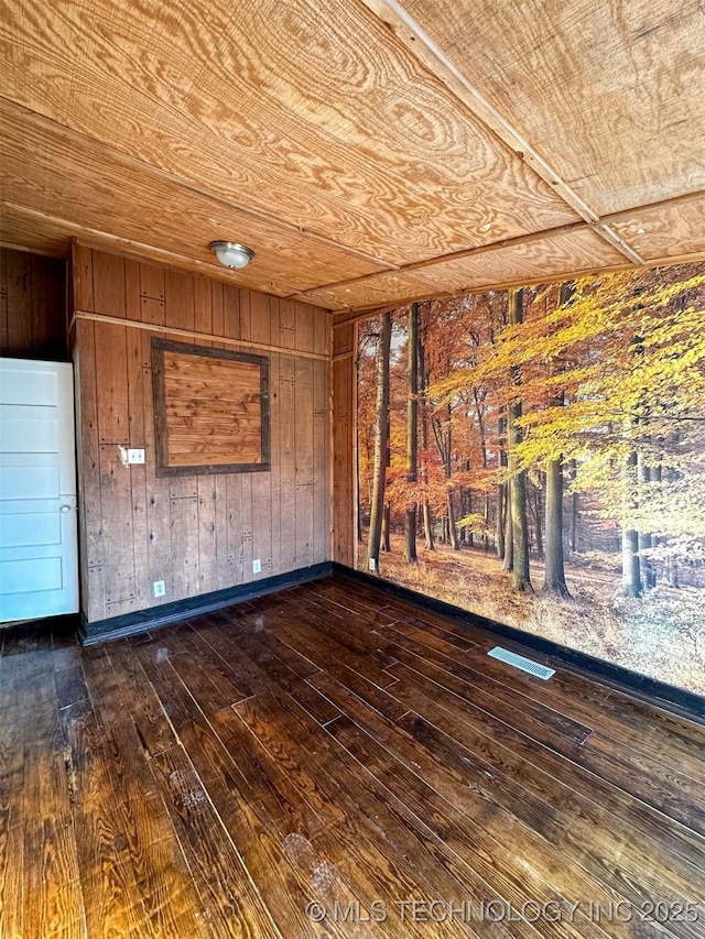 empty room with dark hardwood / wood-style floors, wooden ceiling, and wooden walls