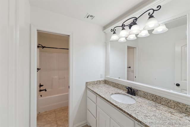 bathroom with tile patterned flooring, vanity, and washtub / shower combination