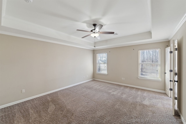 carpeted spare room with a raised ceiling, crown molding, and ceiling fan