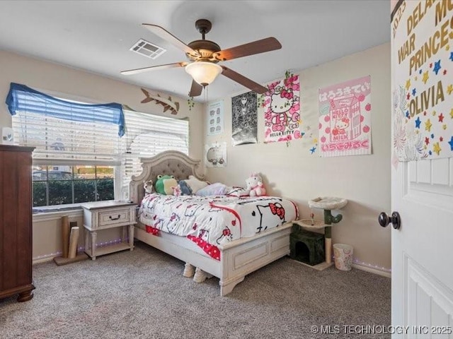 carpeted bedroom with ceiling fan