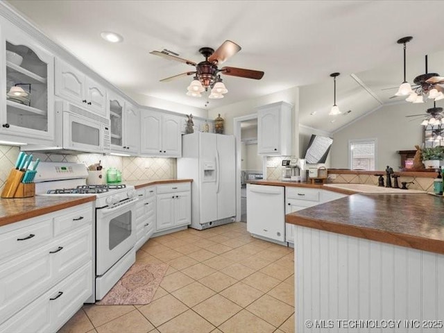 kitchen featuring white cabinetry, ceiling fan, and white appliances