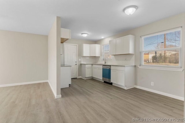 kitchen featuring white cabinets, light hardwood / wood-style flooring, stainless steel dishwasher, and sink