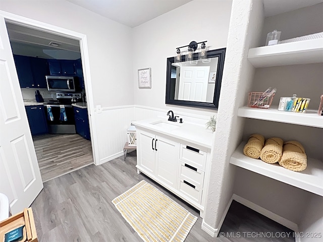 bathroom with hardwood / wood-style flooring and vanity