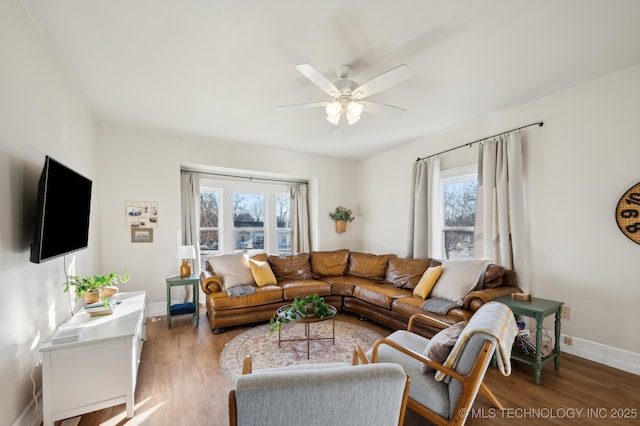 living room with ceiling fan and dark hardwood / wood-style flooring