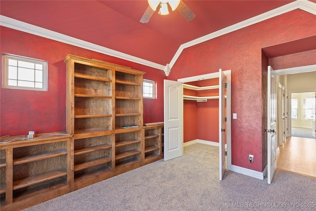 unfurnished bedroom featuring lofted ceiling, ceiling fan, crown molding, and carpet