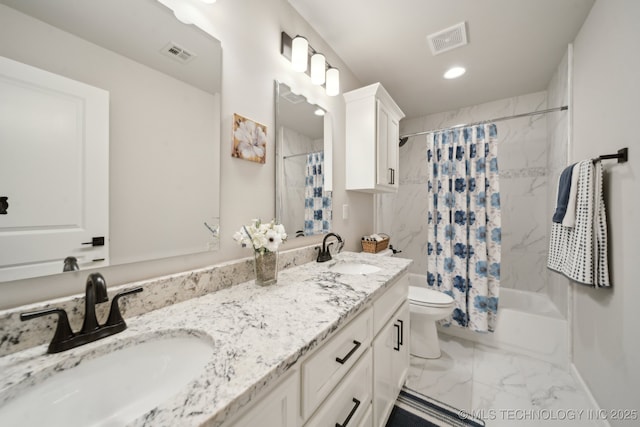 full bathroom with shower / bath combination with curtain, toilet, and vanity