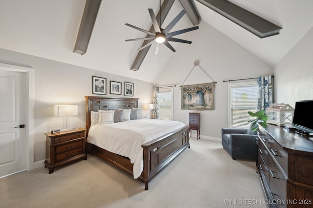 bedroom with vaulted ceiling with beams, ceiling fan, light carpet, and multiple windows