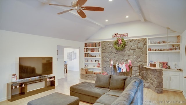 living room with built in shelves, vaulted ceiling with beams, light hardwood / wood-style flooring, and ceiling fan