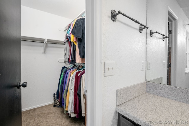 walk in closet featuring carpet flooring