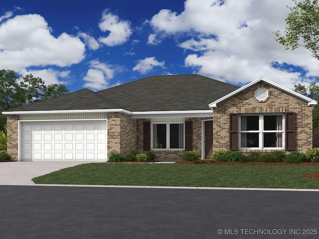 view of front of house with a garage and a front lawn