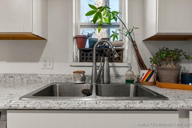 room details with light stone countertops, sink, and white cabinets