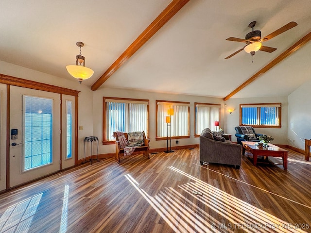 living room with ceiling fan, wood-type flooring, and lofted ceiling with beams