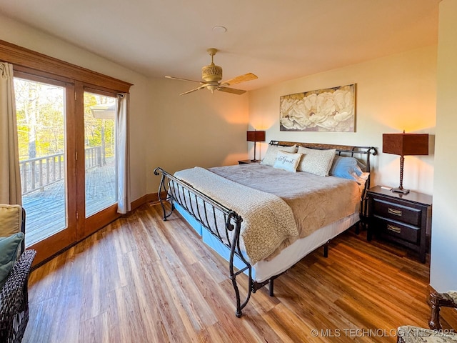 bedroom with ceiling fan, access to exterior, and light hardwood / wood-style floors