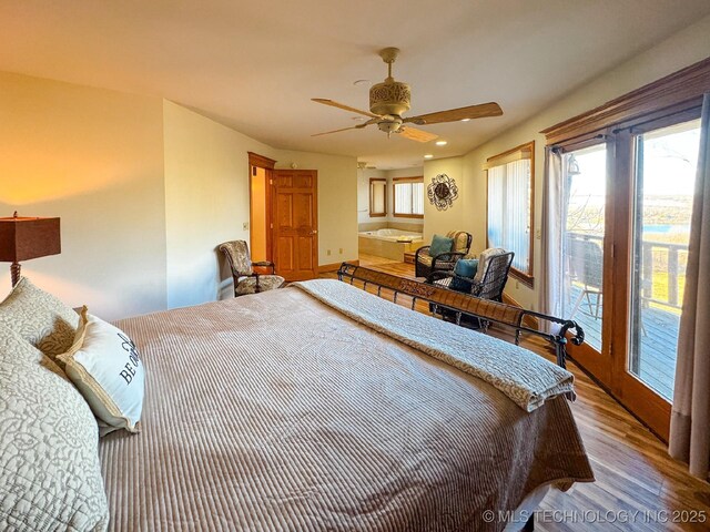 bedroom with wood-type flooring, access to exterior, and ceiling fan