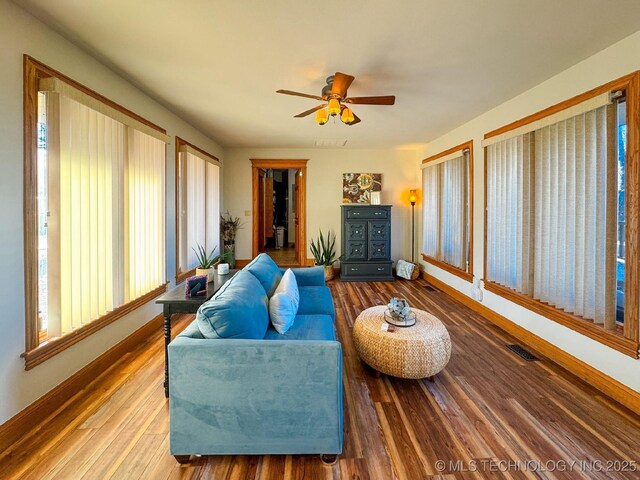 living room with ceiling fan and wood-type flooring