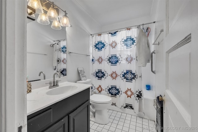 full bathroom with tile patterned flooring, shower / tub combo with curtain, vanity, and toilet