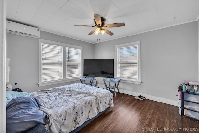 bedroom featuring ceiling fan, dark hardwood / wood-style flooring, a wall mounted air conditioner, and ornamental molding