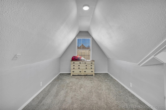 additional living space with light colored carpet, lofted ceiling, and a textured ceiling