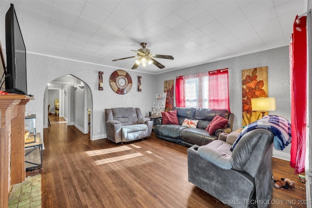 living room featuring dark hardwood / wood-style floors, ceiling fan, and ornamental molding