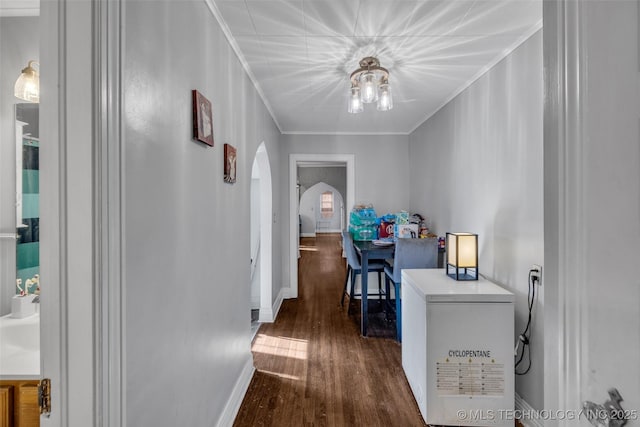 hall featuring crown molding and dark wood-type flooring