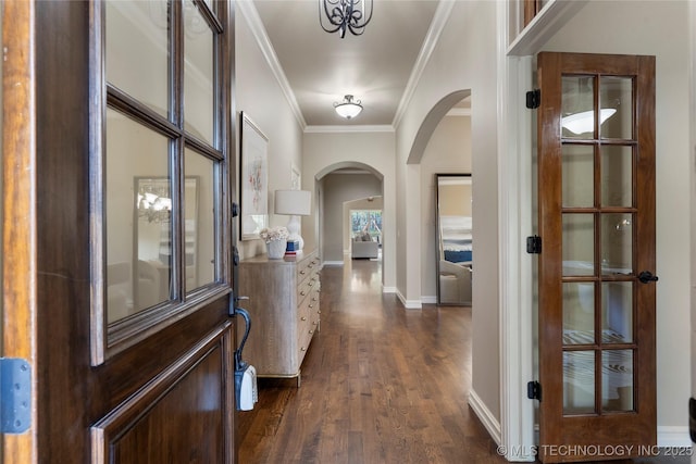 hall with crown molding and dark wood-type flooring