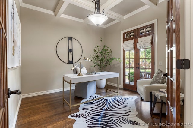 home office with coffered ceiling, dark hardwood / wood-style floors, beam ceiling, and french doors