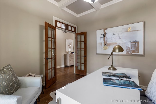 office with dark hardwood / wood-style flooring, french doors, beamed ceiling, and ornamental molding