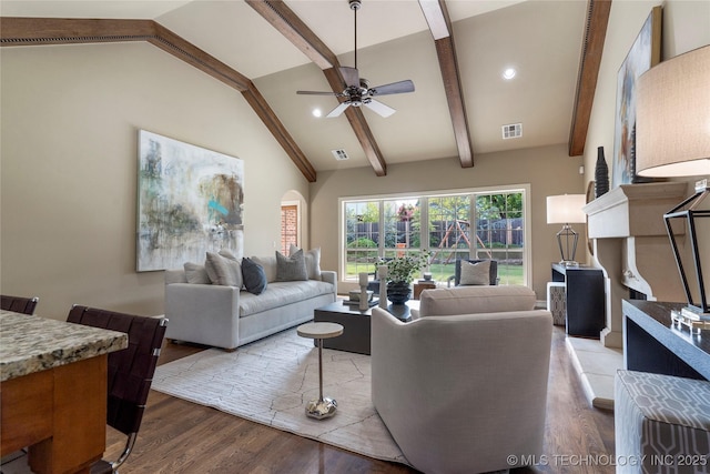 living room with ceiling fan, beam ceiling, high vaulted ceiling, and light hardwood / wood-style flooring