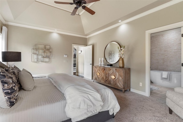 carpeted bedroom with high vaulted ceiling, a raised ceiling, ceiling fan, and ornamental molding