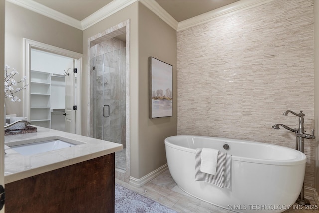 bathroom with vanity, separate shower and tub, and ornamental molding