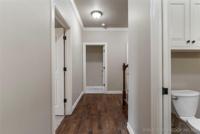 hall featuring crown molding and dark wood-type flooring