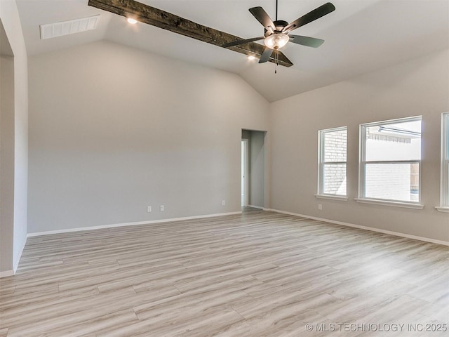 empty room with ceiling fan, lofted ceiling with beams, and light wood-type flooring