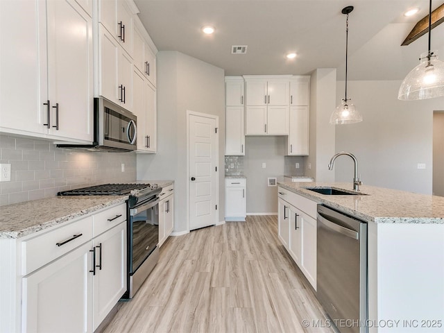 kitchen with white cabinetry, sink, hanging light fixtures, tasteful backsplash, and appliances with stainless steel finishes