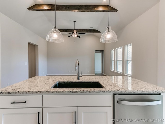 kitchen with white cabinets, decorative light fixtures, and dishwasher