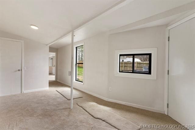 spare room featuring light carpet, plenty of natural light, and lofted ceiling