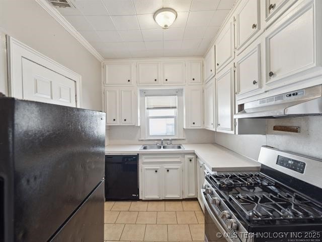 kitchen with sink, light tile patterned floors, white cabinets, black appliances, and ornamental molding