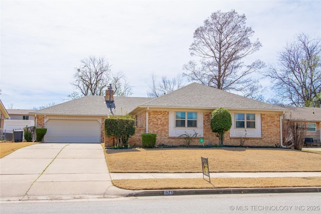 6740 E 51st Pl, Tulsa, OK 74145 - view of front of property with brick siding, driveway, an attached garage, a chimney, and roof with shingles
