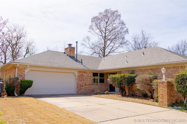 6740 E 51st Pl, Tulsa, OK 74145 - ranch-style home featuring brick siding, a chimney, a garage, and concrete driveway