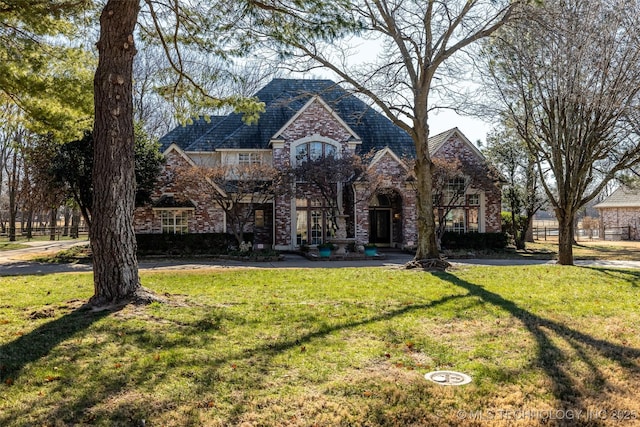 french provincial home featuring stone siding and a front yard