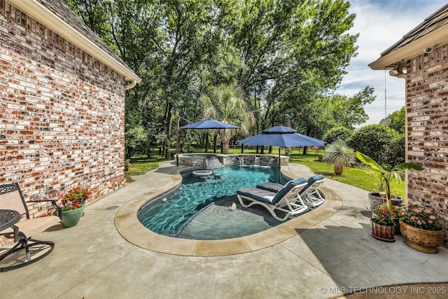 view of swimming pool featuring a pool with connected hot tub and a patio