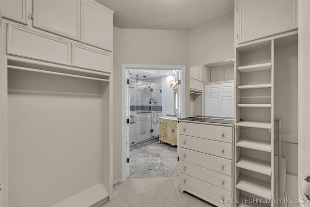 walk in closet featuring light carpet