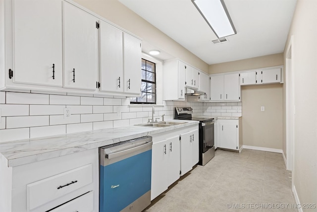 kitchen with sink, white cabinetry, stainless steel appliances, and tasteful backsplash