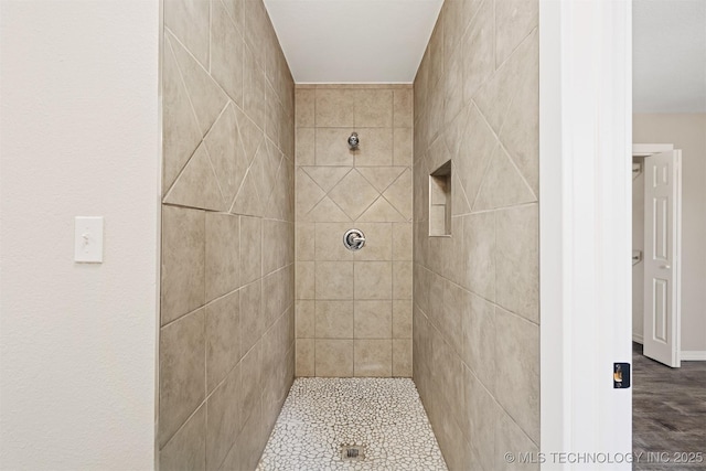 bathroom with a tile shower