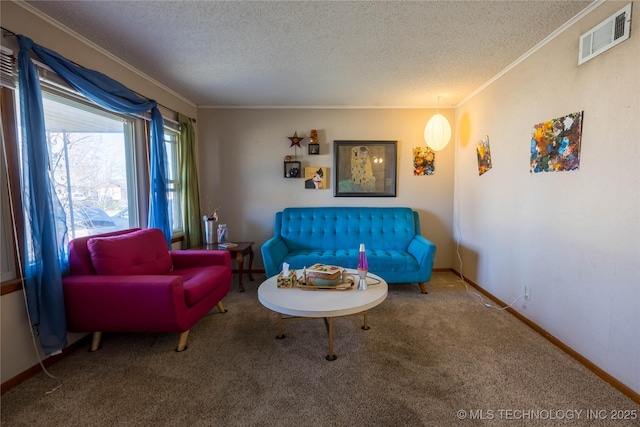 living room with carpet floors and a textured ceiling