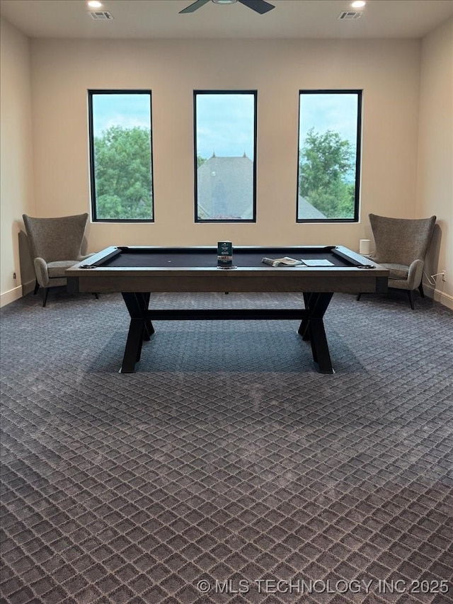 5835 E 139th St S, Bixby, OK 74008 - rec room with billiards table, carpet flooring, recessed lighting, healthy amount of natural light, and ceiling fan
