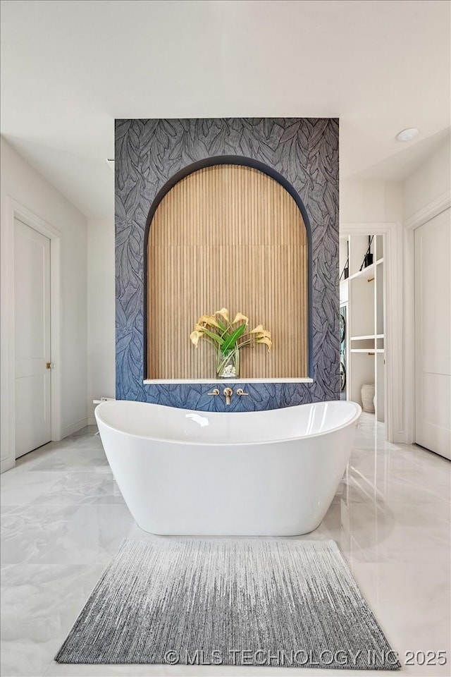 5835 E 139th St S, Bixby, OK 74008 - full bathroom with marble tiled floors and a freestanding bath