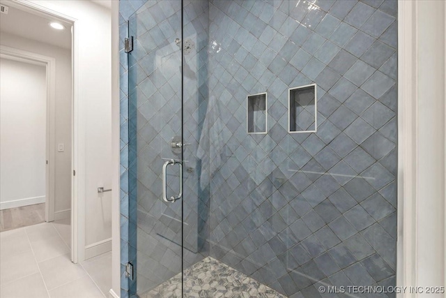 5835 E 139th St S, Bixby, OK 74008 - full bath with tile patterned floors, a stall shower, and recessed lighting