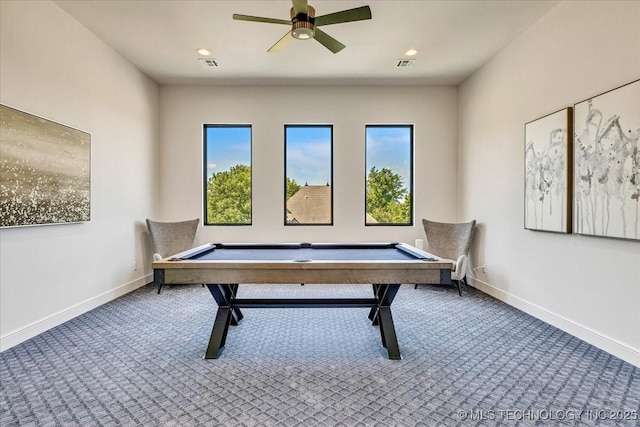 5835 E 139th St S, Bixby, OK 74008 - game room featuring carpet, billiards, ceiling fan, and recessed lighting