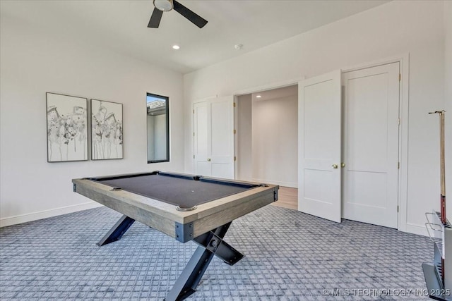 5835 E 139th St S, Bixby, OK 74008 - recreation room with carpet floors, ceiling fan, recessed lighting, and billiards table