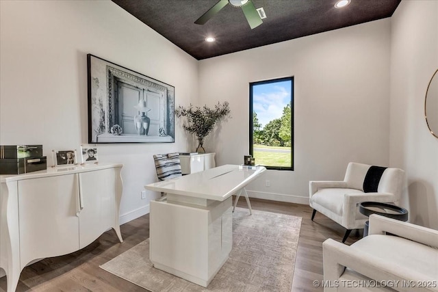 5835 E 139th St S, Bixby, OK 74008 - home office with wood finished floors, a ceiling fan, and recessed lighting